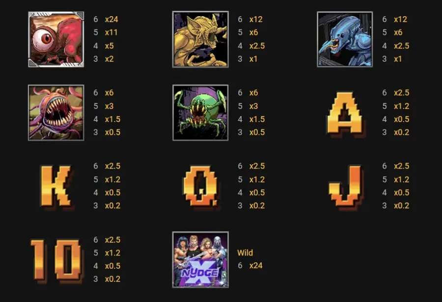 브루트 포스 에일리언 온슬로트 슬롯은 와일드 기호 외에도 다양한 특수 기호가 있습니다.